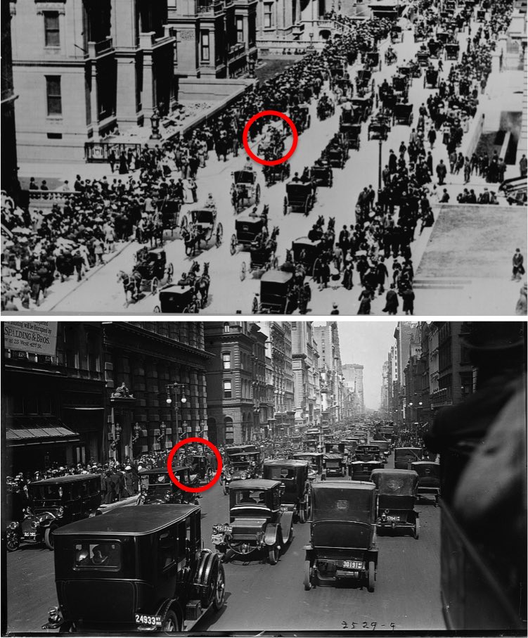 Two photographs of Fifth Avenue in New York City: horse-drawn carriages dominate the street in 1900 with one automobile circled; automobiles dominate in 1913 with one horse-drawn carriage circled.
